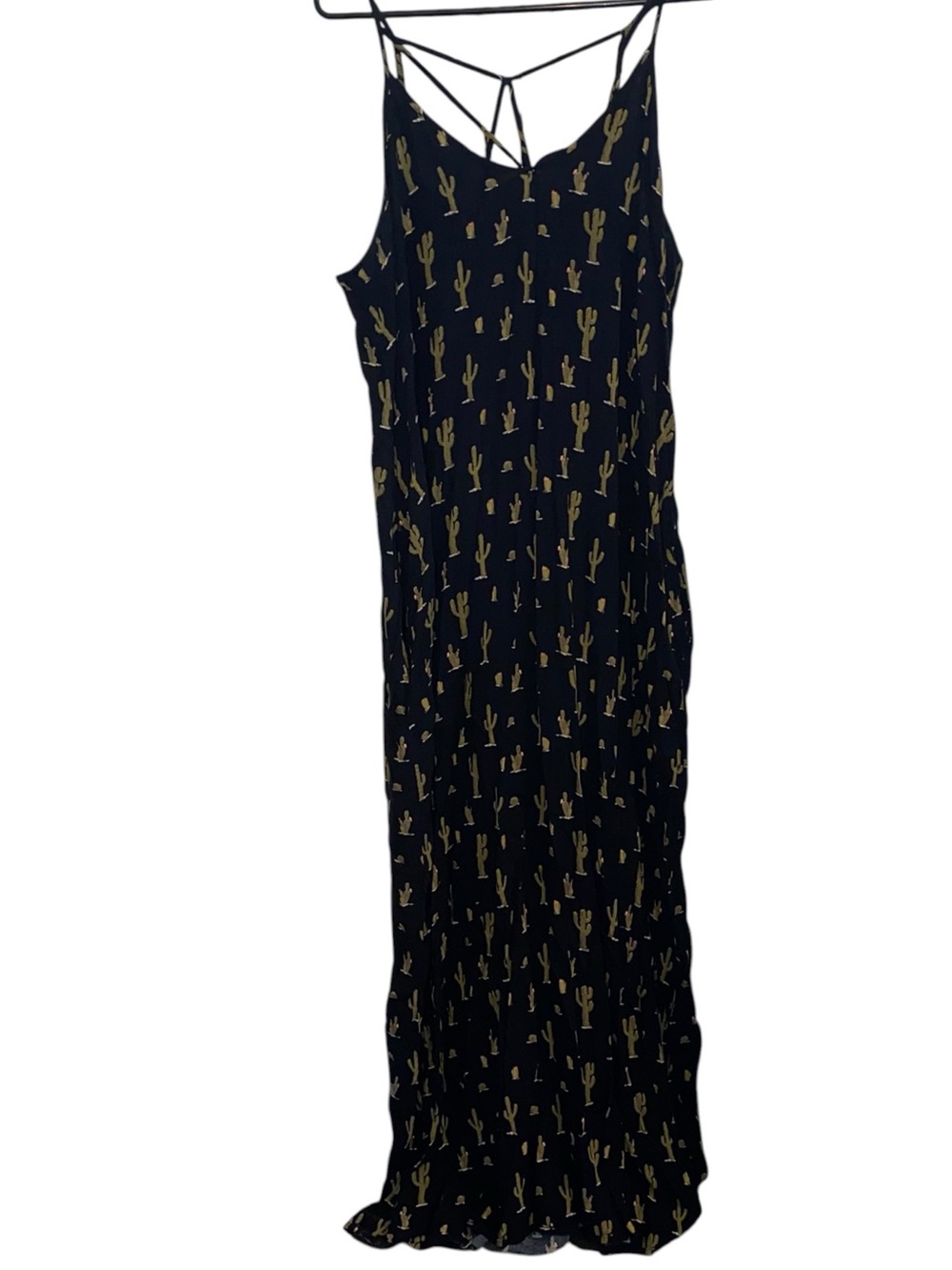 Boho Black Cactus-Print Spaghetti-Strap Maxi Dress dopamine vacation western - Picture 2 of 12